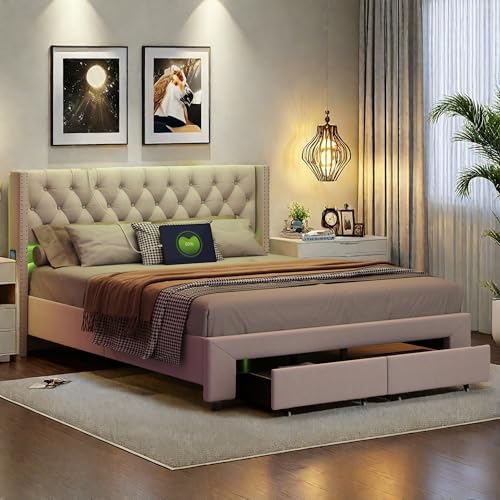 FEEOHOME Bett mit Schublade, 160 x 200 cm, gepolstertes Doppelbett mit Stauraum und 2 Schubladen, für Doppelbett, Bettgestell mit LED und Lattenrost für Erwachsene Jugendliche, Samt, Beige von FEEOHOME