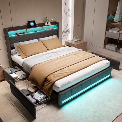 FEEOHOME Doppelbett, gepolstert, 140 x 190 cm, gepolstertes Bett mit 4 Schubladen und Lattenrost, Bett mit LED und USB, Bettgestell mit Kopfteil für Erwachsene, Jugendliche, Leinen FEEOHOME Doppelbett, gepolstert, 140 x 190 cm, gepolstertes Bett mit 4 Schubladen und Lattenrost, Bett mit LED und USB, Bettgestell mit Kopfteil für Erwachsene, Jugendliche, Leinen von FEEOHOME