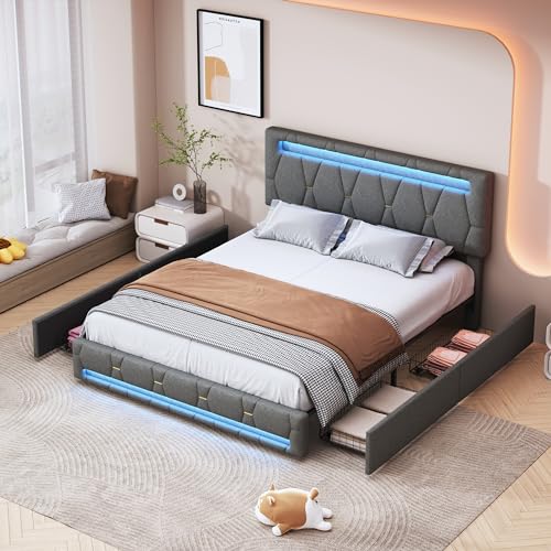 FEEOHOME Doppelbett, gepolstert, 160 x 200 cm, Bett mit Stauraum und 4 Schubladen, Doppelbett mit Bettgestell und Lattenrost, verstellbares Kopfteil mit LED, für Erwachsene und Jugendliche von FEEOHOME