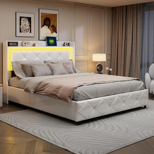 FEEOHOME Doppelbett, gepolstert, 160 x 200 cm, Bett mit Stauraum und Lattenrost, Kopfteil mit LED und USB-Anschlüssen, Multifunktionsbett, Bettgestell für Erwachsene Jugendliche, PU, Weiß FEEOHOME Doppelbett, gepolstert, 160 x 200 cm, Bett mit Stauraum und Lattenrost, Kopfteil mit LED und USB-Anschlüssen, Multifunktionsbett, Bettgestell für Erwachsene Jugendliche, PU, Weiß von FEEOHOME