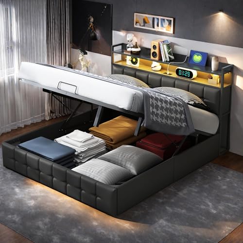FEEOHOME Gepolstertes Doppelbett, 140 x 190 cm, Bett mit Stauraum und Lattenrost, Doppelbett mit USB und LED, Bettgestell mit Hydraulikfunktion für Erwachsene, Jugendliche (schwarz) von FEEOHOME