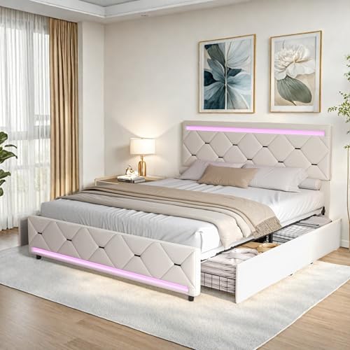 FEEOHOME Gepolstertes Doppelbett, 140 x 190 cm, Doppelbett mit 4 Schubladen und Lattenrost, Bettgestell mit LED und USB, Bettgestell für Erwachsene, Jugendliche, Jungen, Beige von FEEOHOME
