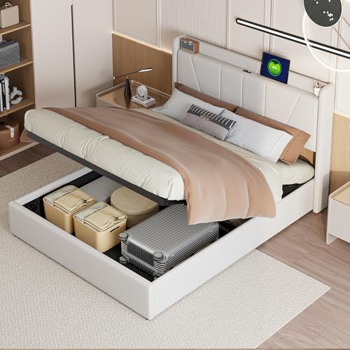 FEEOHOME Gepolstertes Doppelbett, 160 x 200 cm, Multifunktionsbett mit Stauraum und USB, Doppelbett mit Lattenrost und Hydraulikfunktion, Bettgestell für Erwachsene (Beige, 160 x 200 cm) von FEEOHOME