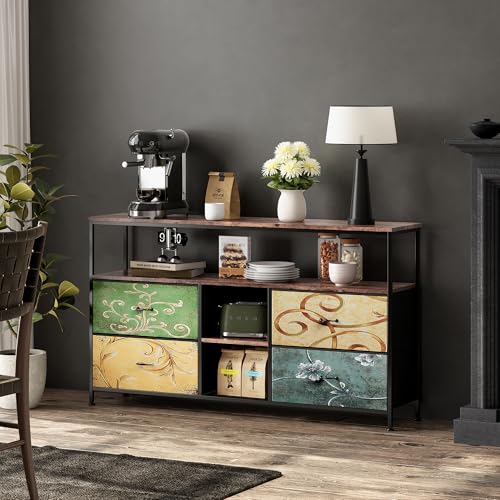 FEEOHOME LED-TV-Möbel, Halterung für Fernseher 32 Zoll, TV-Tisch mit 4 Schubladen aus Holz und Ablagen, Stahlrahmen, für Wohnzimmer oder Schlafzimmer, bunt von FEEOHOME