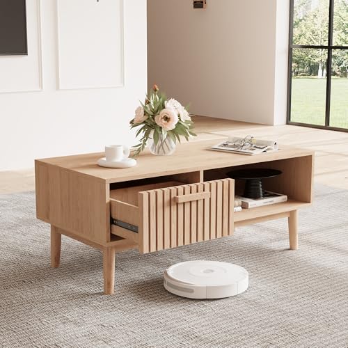 FEEOHOME Moderner Couchtisch aus Rattan, Couchtisch mit 1 Schublade und offenem Regal, rechteckiger Couchtisch für Wohnzimmer, Büro, 100 x 50 x 43 cm, Holzfarbe von FEEOHOME