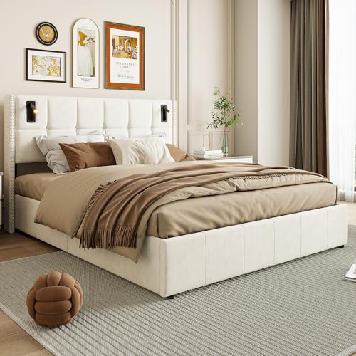 FEEOHOME Polsterbett, 140 x 200 cm, Bett mit Stauraum und Lattenrost, funktionales Hydraulikbett mit Leselampe und USB, Bettgestell für Erwachsene Jugendliche, Beige von FEEOHOME