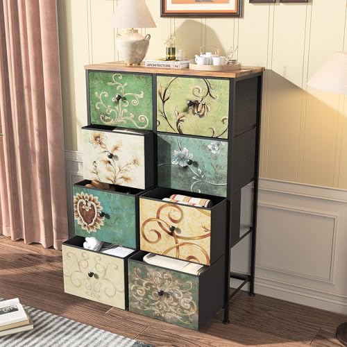 FEEOHOME Retro Kommode Schrank mit 8 Schubladen, Sideboard mit Metallrahmen und Stoffschubladen, Rustikaler Schubladenschrank Flurschrank Ideal für Schlafzimmer Wohnzimmer Küche (8 Schubladen) von FEEOHOME