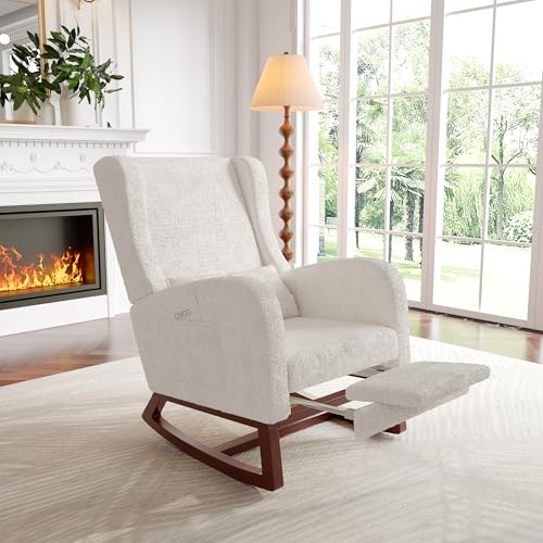 FEEOHOME Schaukelstuhl, Schaukelsessel, Babyschlafzimmer, mit Beinstütze und Tasche, Freizeitstuhl mit Holzsockel mit Rückenlehne für Schlafzimmer, Wohnzimmer (Velours, Beige) von FEEOHOME