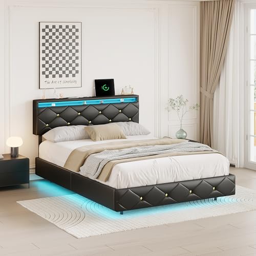 FEEOHOME Schwimmendes Bett, 160 x 200 cm, gepolstertes Doppelbett mit LED und USB, Bettgestell mit Lattenrost und Kopfteil für Erwachsene Jugendliche, PU (160 x 200 cm) von FEEOHOME