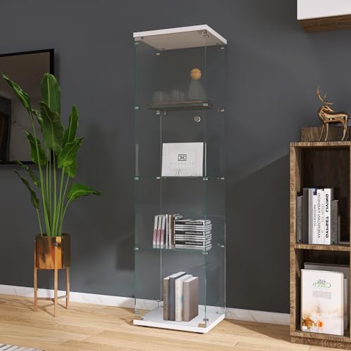 FEEOHOME Vitrine aus Glas, Aufbewahrungsschrank aus Glas auf Fuß, Vitrine für Sammlung mit 1 Türen und Schloss, für Bar, Küche, Wohnzimmer und Büro (weiß, 4 Ebenen) von FEEOHOME
