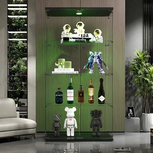 FEEOHOME Vitrine aus Glas mit LED, transparent, freistehend, aus gehärtetem Glas, 4 Schichten mit 2 Türen, Sammlervitrine für Wohnzimmer, Schlafzimmer, 82 x 36 x 164 cm (schwarz) von FEEOHOME