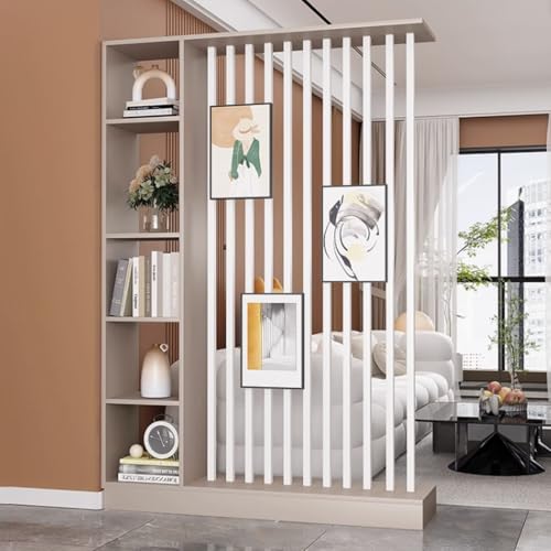 FEFEF 1 Set minimalistischer Raumteiler aus Holz mit Regalen – stilvoller freistehender Sichtschutz for Home Office und Eingangsbereich(Khaki+White 55.1x9.4x80.7in) von FEFEF