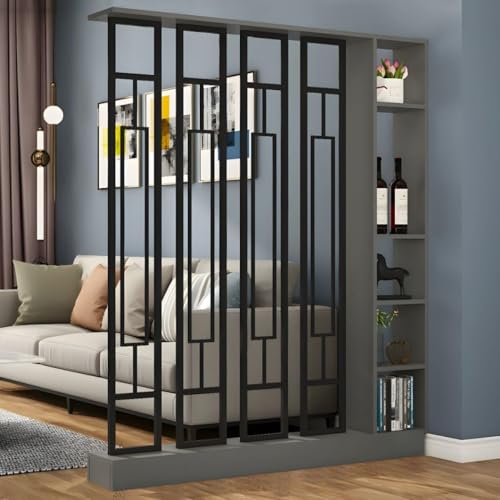FEFEF 1 Set stilvoller Raumteiler aus Holz – for Home Office und Wohnzimmer – Sichtschutz mit Ablagefächern(Gray+Black,55.1x9.4x78.7in) von FEFEF