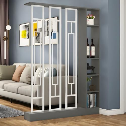 FEFEF 1 Set stilvoller Raumteiler aus Holz – for Home Office und Wohnzimmer – Sichtschutz mit Ablagefächern(Gray+White,39.3x9.4x78.7in) von FEFEF