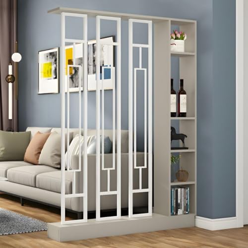 FEFEF 1 Set stilvoller Raumteiler aus Holz – for Home Office und Wohnzimmer – Sichtschutz mit Ablagefächern(Khaki+White,47.2x9.4x78.7in) von FEFEF