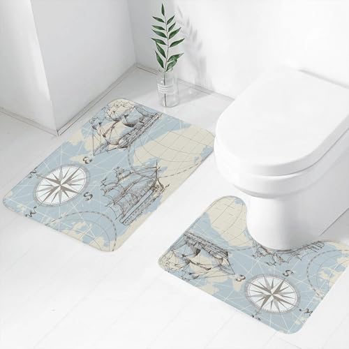 FEHWI Badematten Set 2-teilig, Badematten und WC Vorleger rutschfest & Waschbar, Meeresnahtlose Muster mit Alten maritimen Symbolen, Kompass und Schiff.,Luxus Dicke Mikrofaser Badezimmerteppich FEHWI Badematten Set 2-teilig, Badematten und WC Vorleger rutschfest & Waschbar, Meeresnahtlose Muster mit Alten maritimen Symbolen, Kompass und Schiff.,Luxus Dicke Mikrofaser Badezimmerteppich von FEHWI
