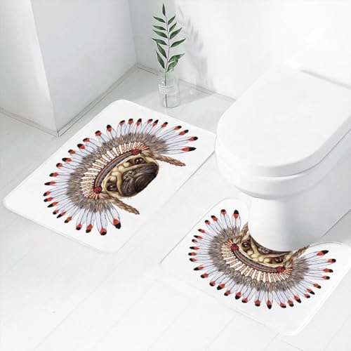 FEHWI Badematten Set 2-teilig, Badematten und WC Vorleger rutschfest & Waschbar, Mops, Porträt eines Hundes als Eingeborener mit Kriegsmütze, handgezeichnete,Luxus Dicke Mikrofaser Badezimmerteppich von FEHWI
