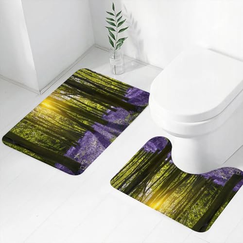 FEHWI Badematten Set 2-teilig, Badematten und WC Vorleger rutschfest & Waschbar, Set, Sonne beleuchtet einen Teppich aus Bluebells Blooms Deep in Woodl,Luxus Dicke Mikrofaser Badezimmerteppich von FEHWI