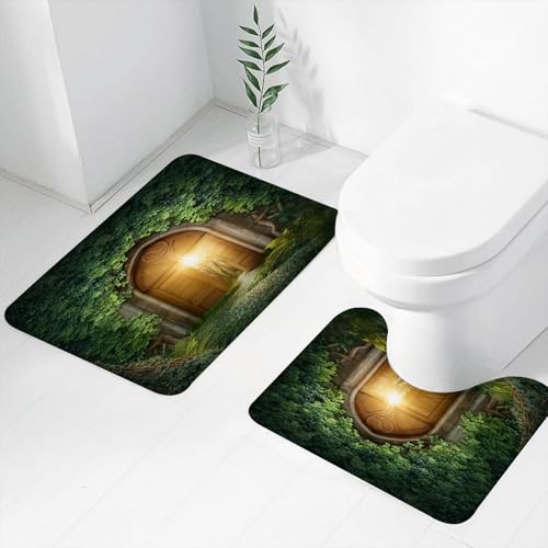 FEHWI Badematten Set 2-teilig, Badematten und WC Vorleger rutschfest & Waschbar,3D-Tapete Tor zum Zauberwald Das Geheimnisvolle in Licht getaucht,Luxus Dicke Mikrofaser Badezimmerteppich von FEHWI