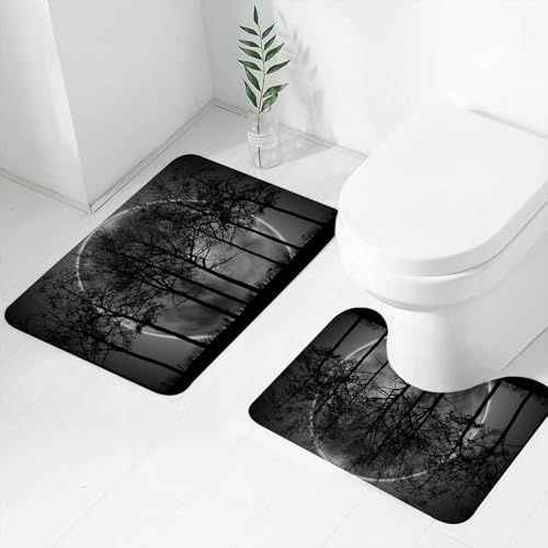 FEHWI Badematten Set 2-teilig, Badematten und WC Vorleger rutschfest & Waschbar,Abstrakte Bäume und Mond Schwarz Weiß Design Kunst,Luxus Dicke Mikrofaser Badezimmerteppich von FEHWI