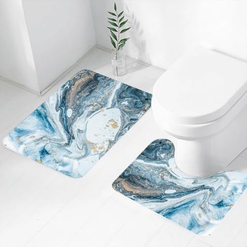 FEHWI Badematten Set 2-teilig, Badematten und WC Vorleger rutschfest & Waschbar,Abstrakte Blaue Wirbel Marmor Wellen Ozean natürliche Luxus Gold Petrol Achat,Luxus Dicke Mikrofaser Badezimmerteppich von FEHWI