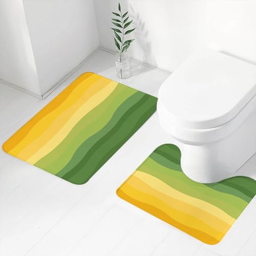 FEHWI Badematten Set 2-teilig, Badematten und WC Vorleger rutschfest & Waschbar,Abstrakte grün und gelb gefärbte Wellenlinien,Luxus Dicke Mikrofaser Badezimmerteppich von FEHWI