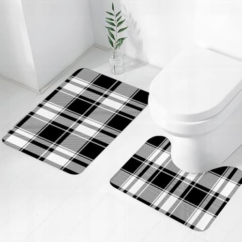 FEHWI Badematten Set 2-teilig, Badematten und WC Vorleger rutschfest & Waschbar,Abstrakte schwarz-graue und weiße Tartan-Streifen-Designkunst,Luxus Dicke Mikrofaser Badezimmerteppich FEHWI Badematten Set 2-teilig, Badematten und WC Vorleger rutschfest & Waschbar,Abstrakte schwarz-graue und weiße Tartan-Streifen-Designkunst,Luxus Dicke Mikrofaser Badezimmerteppich von FEHWI