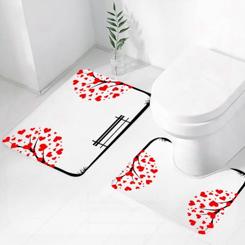 FEHWI Badematten Set 2-teilig, Badematten und WC Vorleger rutschfest & Waschbar,Abstrakter Baum aus Herzen mit Bank.,Luxus Dicke Mikrofaser Badezimmerteppich von FEHWI