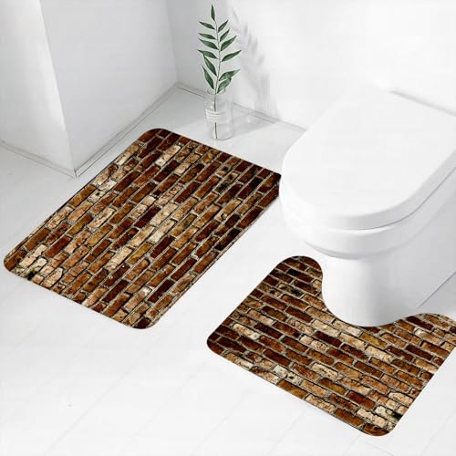 FEHWI Badematten Set 2-teilig, Badematten und WC Vorleger rutschfest & Waschbar,Alternde Ziegelmauer, braune und hellbraune Ziegel mit Zeichen der Alterung,Luxus Dicke Mikrofaser Badezimmerteppich von FEHWI