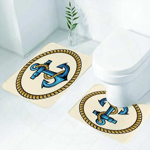 FEHWI Badematten Set 2-teilig, Badematten und WC Vorleger rutschfest & Waschbar,Anker, Marine-Design mit kreisförmigem Seil und nautischem Vintage-Anker,Luxus Dicke Mikrofaser Badezimmerteppich FEHWI Badematten Set 2-teilig, Badematten und WC Vorleger rutschfest & Waschbar,Anker, Marine-Design mit kreisförmigem Seil und nautischem Vintage-Anker,Luxus Dicke Mikrofaser Badezimmerteppich von FEHWI