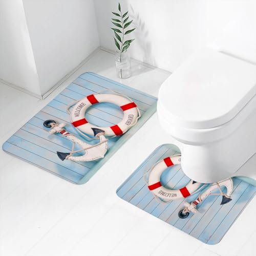 FEHWI Badematten Set 2-teilig, Badematten und WC Vorleger rutschfest & Waschbar,Anker und Rettungsring vor dem Hintergrund weißer, schäbiger Wandpaneele,Luxus Dicke Mikrofaser Badezimmerteppich FEHWI Badematten Set 2-teilig, Badematten und WC Vorleger rutschfest & Waschbar,Anker und Rettungsring vor dem Hintergrund weißer, schäbiger Wandpaneele,Luxus Dicke Mikrofaser Badezimmerteppich von FEHWI