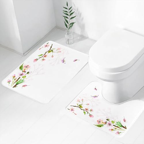 FEHWI Badematten Set 2-teilig, Badematten und WC Vorleger rutschfest & Waschbar,Aquarell, Apfelblüte im Frühling,Luxus Dicke Mikrofaser Badezimmerteppich von FEHWI