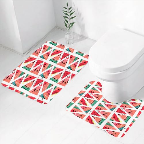 FEHWI Badematten Set 2-teilig, Badematten und WC Vorleger rutschfest & Waschbar,Aquarell, abstraktes Wassermelonenmuster in Dreiecken, handgezeichnetes tropi,Luxus Dicke Mikrofaser Badezimmerteppich von FEHWI
