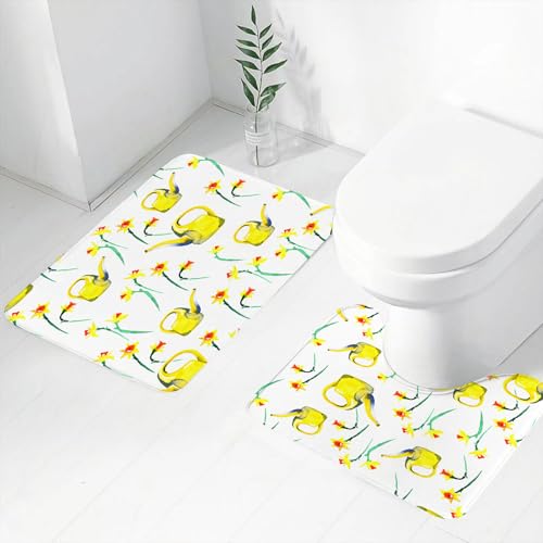 FEHWI Badematten Set 2-teilig, Badematten und WC Vorleger rutschfest & Waschbar,Aquarell Frühling Blumen Narzissenmuster,Luxus Dicke Mikrofaser Badezimmerteppich von FEHWI