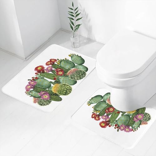 FEHWI Badematten Set 2-teilig, Badematten und WC Vorleger rutschfest & Waschbar,Aquarell-Kaktus-Grenze isoliert auf weißem Hintergrund,Luxus Dicke Mikrofaser Badezimmerteppich von FEHWI