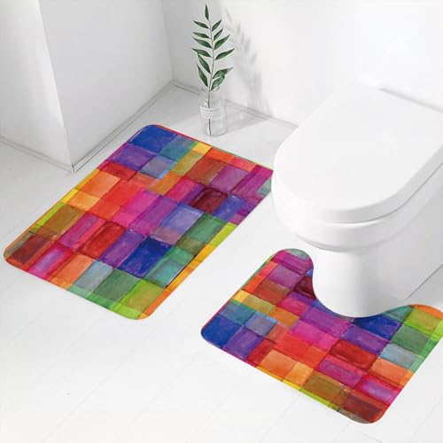 FEHWI Badematten Set 2-teilig, Badematten und WC Vorleger rutschfest & Waschbar,Aquarell Karierter Hintergrund. Regenbogenfarben.,Luxus Dicke Mikrofaser Badezimmerteppich von FEHWI