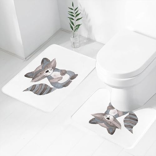 FEHWI Badematten Set 2-teilig, Badematten und WC Vorleger rutschfest & Waschbar,Aquarell Waschbär, handgezeichneter grau-weißer Waschbär, stehend auf leerer,Luxus Dicke Mikrofaser Badezimmerteppich von FEHWI
