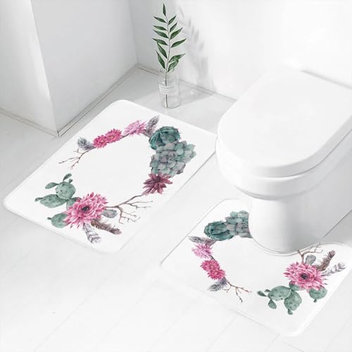 FEHWI Badematten Set 2-teilig, Badematten und WC Vorleger rutschfest & Waschbar,Aquarell - saftiger Kranzstil, Kakteen und Kränze im Aquarelldesign, Kränze f,Luxus Dicke Mikrofaser Badezimmerteppich von FEHWI