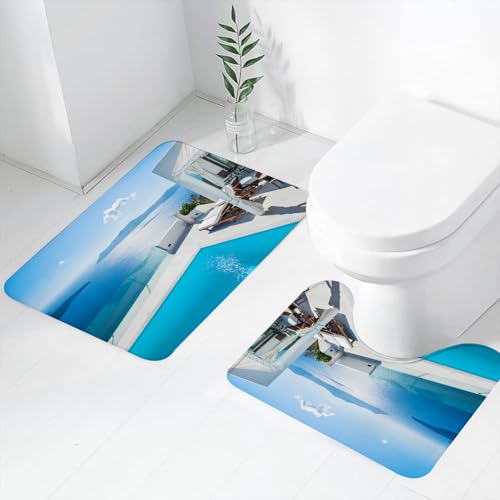FEHWI Badematten Set 2-teilig, Badematten und WC Vorleger rutschfest & Waschbar,Architektur auf der l Santorin in Griechenland Blue White Hot Pool,Luxus Dicke Mikrofaser Badezimmerteppich von FEHWI