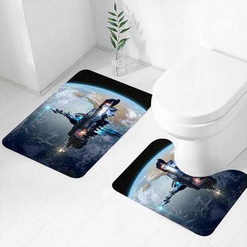 FEHWI Badematten Set 2-teilig, Badematten und WC Vorleger rutschfest & Waschbar,Außerirdisches Mutterschiff in der Nähe der Erde für futuristische Fantasy- o,Luxus Dicke Mikrofaser Badezimmerteppich von FEHWI