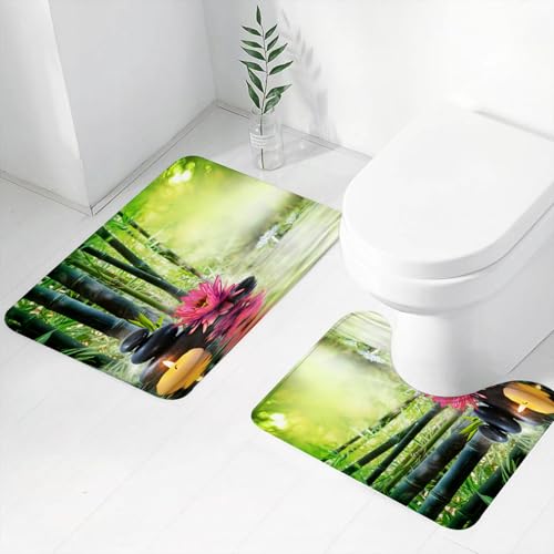 FEHWI Badematten Set 2-teilig, Badematten und WC Vorleger rutschfest & Waschbar,Bambus-Lotus-Spa für orientalische japanische asiatische Zen-Meditationsblume,Luxus Dicke Mikrofaser Badezimmerteppich von FEHWI