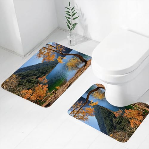 FEHWI Badematten Set 2-teilig, Badematten und WC Vorleger rutschfest & Waschbar,Bauernhof Herbstsaison am See und Berg asiatische Natur Thema Herbst Bäume in,Luxus Dicke Mikrofaser Badezimmerteppich von FEHWI