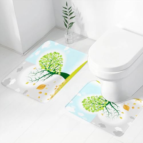 FEHWI Badematten Set 2-teilig, Badematten und WC Vorleger rutschfest & Waschbar,Baum überspannt Frühling und Herbst, Herzförmige Transformation des Formbaums,Luxus Dicke Mikrofaser Badezimmerteppich von FEHWI