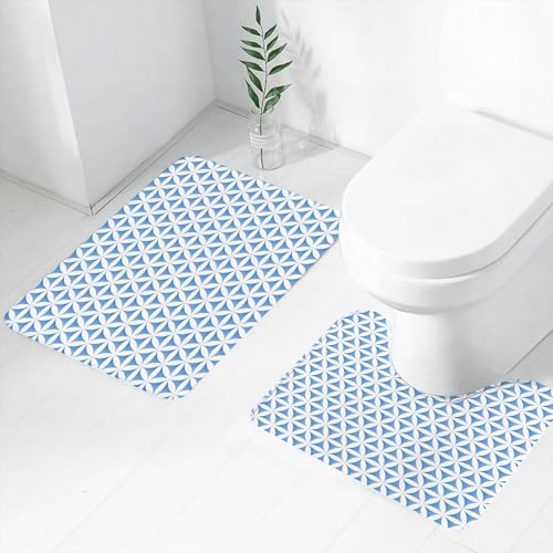 FEHWI Badematten Set 2-teilig, Badematten und WC Vorleger rutschfest & Waschbar,Blaue Blume des Lebens heiligen geometrischen nahtlosen Hintergrund,Luxus Dicke Mikrofaser Badezimmerteppich von FEHWI