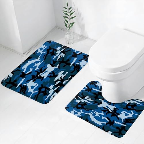 FEHWI Badematten Set 2-teilig, Badematten und WC Vorleger rutschfest & Waschbar,Blaue Tarnung tärhintergrund Dunkles Muster Urbane Mode drucken Armeeuniform,Luxus Dicke Mikrofaser Badezimmerteppich von FEHWI