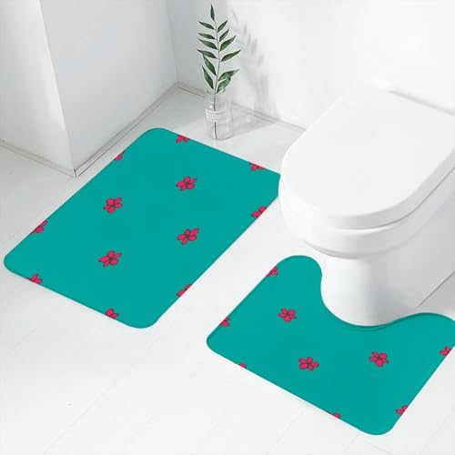 FEHWI Badematten Set 2-teilig, Badematten und WC Vorleger rutschfest & Waschbar,Blaugrün, handgezeichnetes rosa Wildblumenmuster auf blaugrünem Hintergrund P,Luxus Dicke Mikrofaser Badezimmerteppich von FEHWI