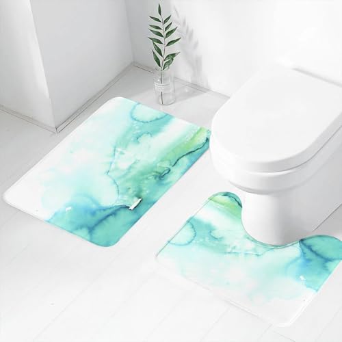 FEHWI Badematten Set 2-teilig, Badematten und WC Vorleger rutschfest & Waschbar,Blaugrün Aquarell Grün Minze Minze Blau Farbverlauf Wasser, Blau Aquarell Rei,Luxus Dicke Mikrofaser Badezimmerteppich von FEHWI