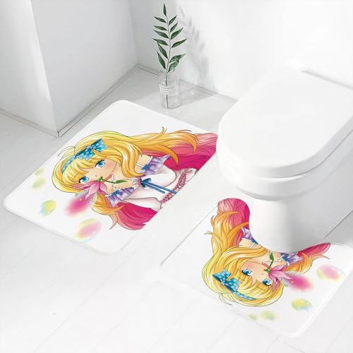 FEHWI Badematten Set 2-teilig, Badematten und WC Vorleger rutschfest & Waschbar,Blondes Mädchen im Cartoon-Stil hält Blumen-Design und bläst Seifenblasen,Luxus Dicke Mikrofaser Badezimmerteppich von FEHWI