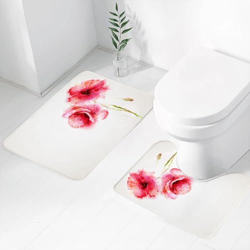 FEHWI Badematten Set 2-teilig, Badematten und WC Vorleger rutschfest & Waschbar,Blume, Frühling lebendige Blumen roter Mohn Aquarell Kunstdruck,Luxus Dicke Mikrofaser Badezimmerteppich von FEHWI