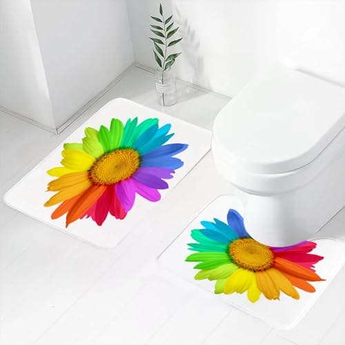 FEHWI Badematten Set 2-teilig, Badematten und WC Vorleger rutschfest & Waschbar,Blume, Regenbogenfarbene Sonnenblume oder Gänseblümchen Frühlingsinspiriertes,Luxus Dicke Mikrofaser Badezimmerteppich von FEHWI